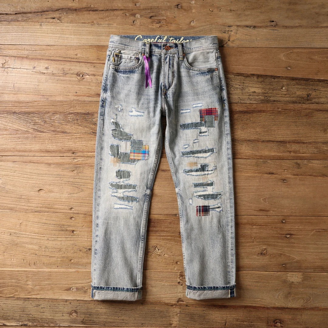 KM8005四季款13盎司男士直筒潮流补丁时尚休闲百搭男式牛仔裤