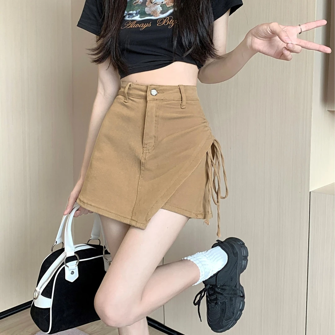 高腰不规则牛仔包臀裙2025夏季新款抽绳显瘦a字女短裤小众半身裙