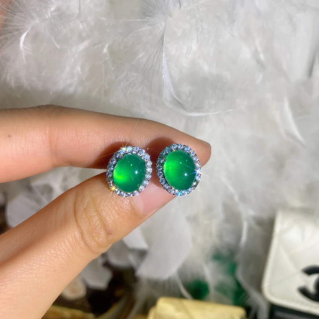 925银合成锆石耳饰 厚镀1MIL满绿小椭圆简约气质耳钉dois12