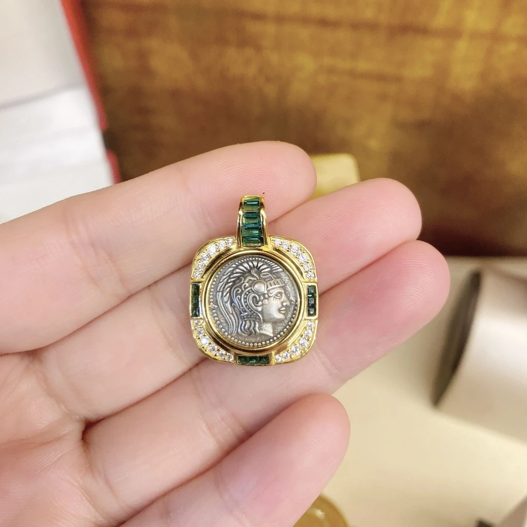吊坠925银 定制厚镀1MIL雅典娜高珠绿仿古币吊坠KJA19