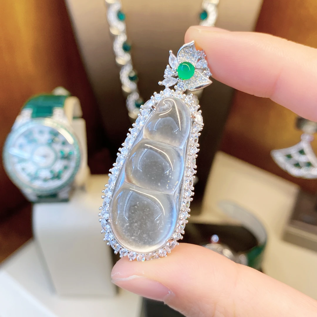 吊坠925银合成锆石 镀1MIL绿花头豪镶不封底大号福豆吊坠dois12