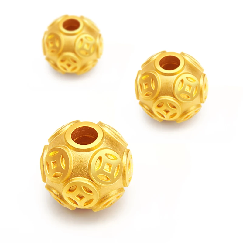 3d硬金999足金钱币转运珠金珠散珠子路路通黄金手链串珠男女吊坠