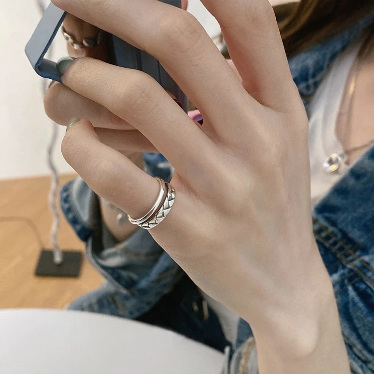 925银戒指 新款-个性时尚交叉菱格纹双层开口可调节尾戒不变色