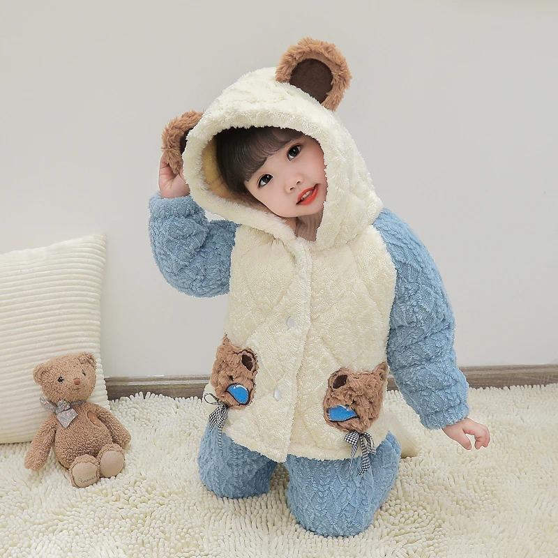 儿童卡通冬季加厚夹棉睡衣宝宝可爱女童法兰绒三层保暖家居服套装