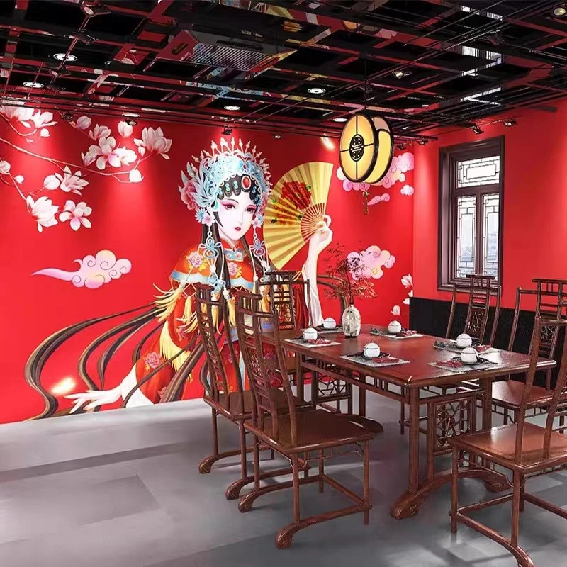 国潮饭店火锅店定制背景墙壁画餐饮店饮食店加厚无缝防潮壁纸墙布