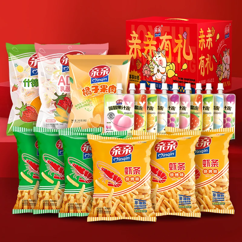 亲亲膨化虾条果冻零食大礼包网红休闲零食到手2040g