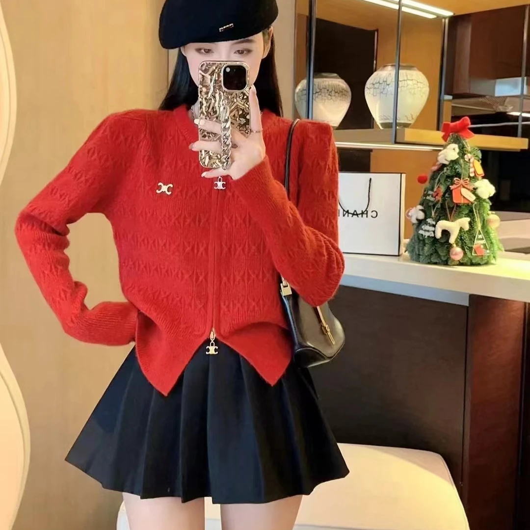 华丽超好看新年红色正肩毛衣外套女显瘦双拉链开叉炸街针织衫直销