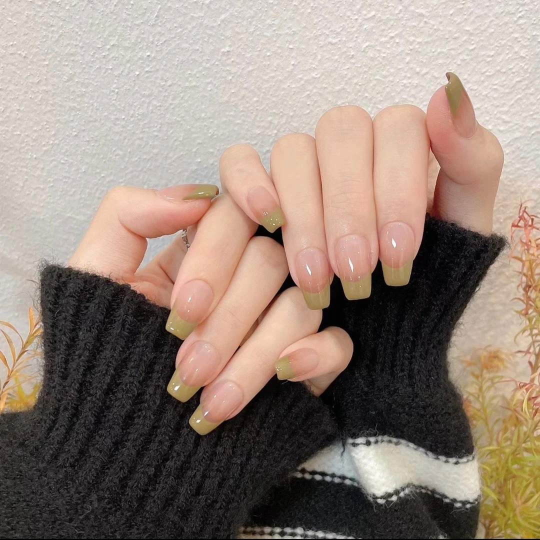 纯手工法式美甲穿戴甲短款绿色夏日简约手绘手作成品穿戴式显白
