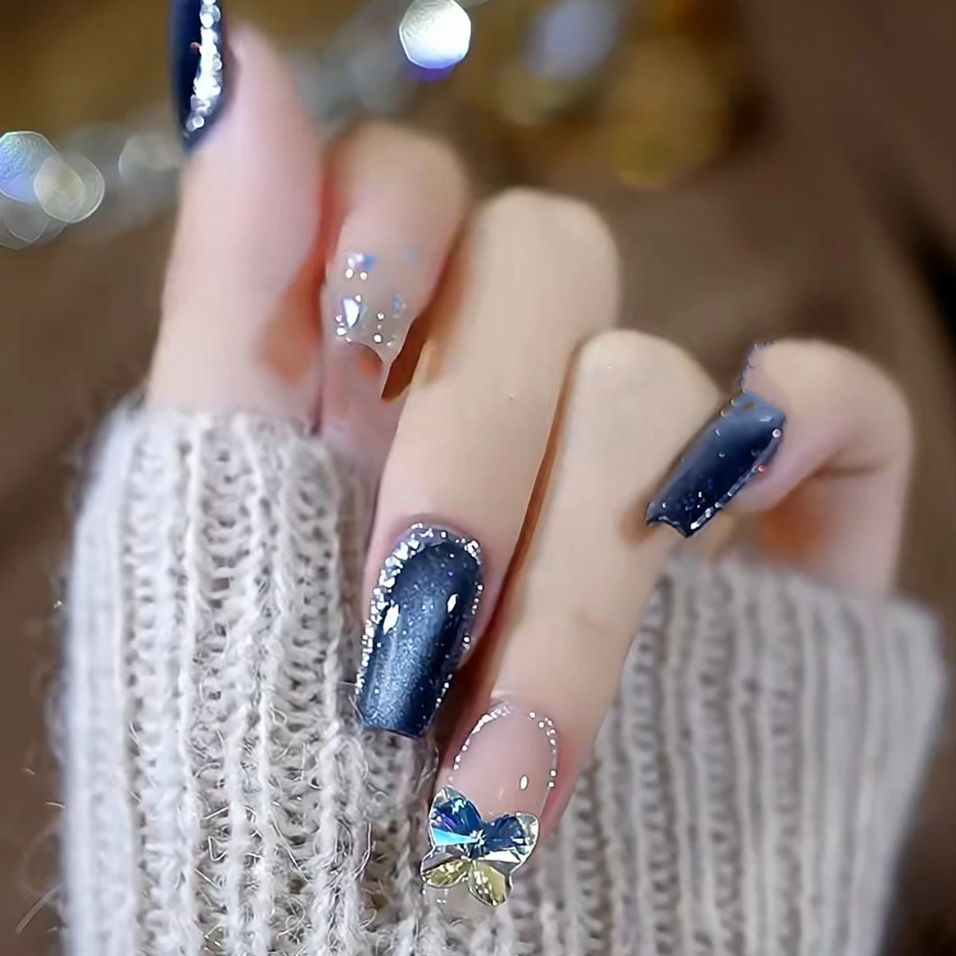 纯手工猫眼美甲穿戴甲短款短戴甲中长款高级感蓝色猫眼穿戴甲秋冬