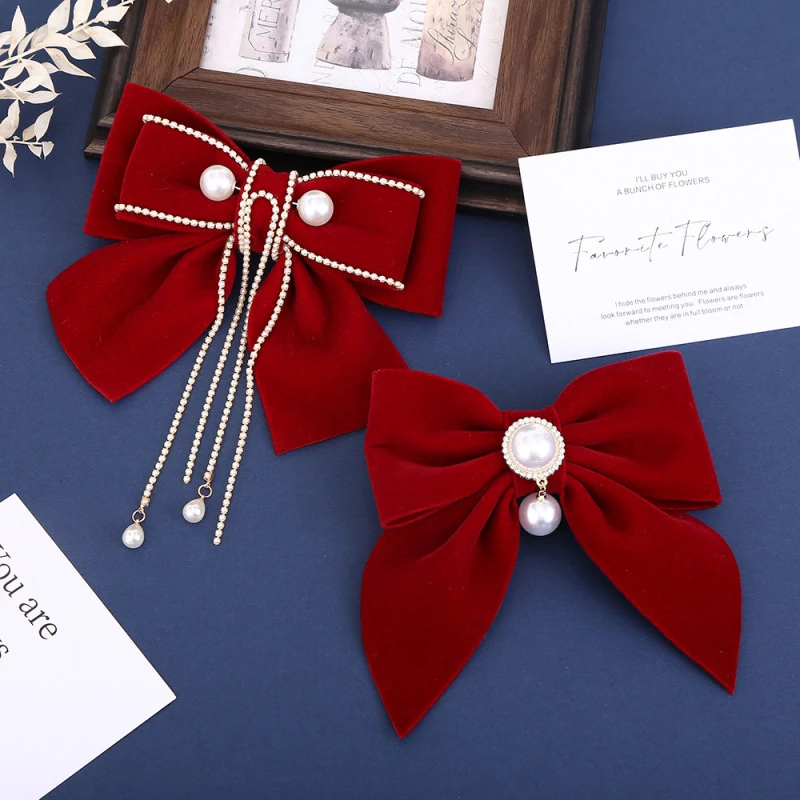 红色丝绒蝴蝶结头饰新娘订婚结婚发饰敬酒服复古气质发卡配饰