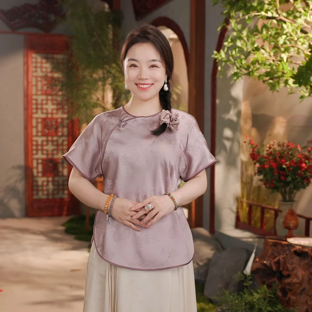 【婉彤】6A级纯100桑蚕丝女装古风禅意禅服茶服汉服新中式短袖上衣
