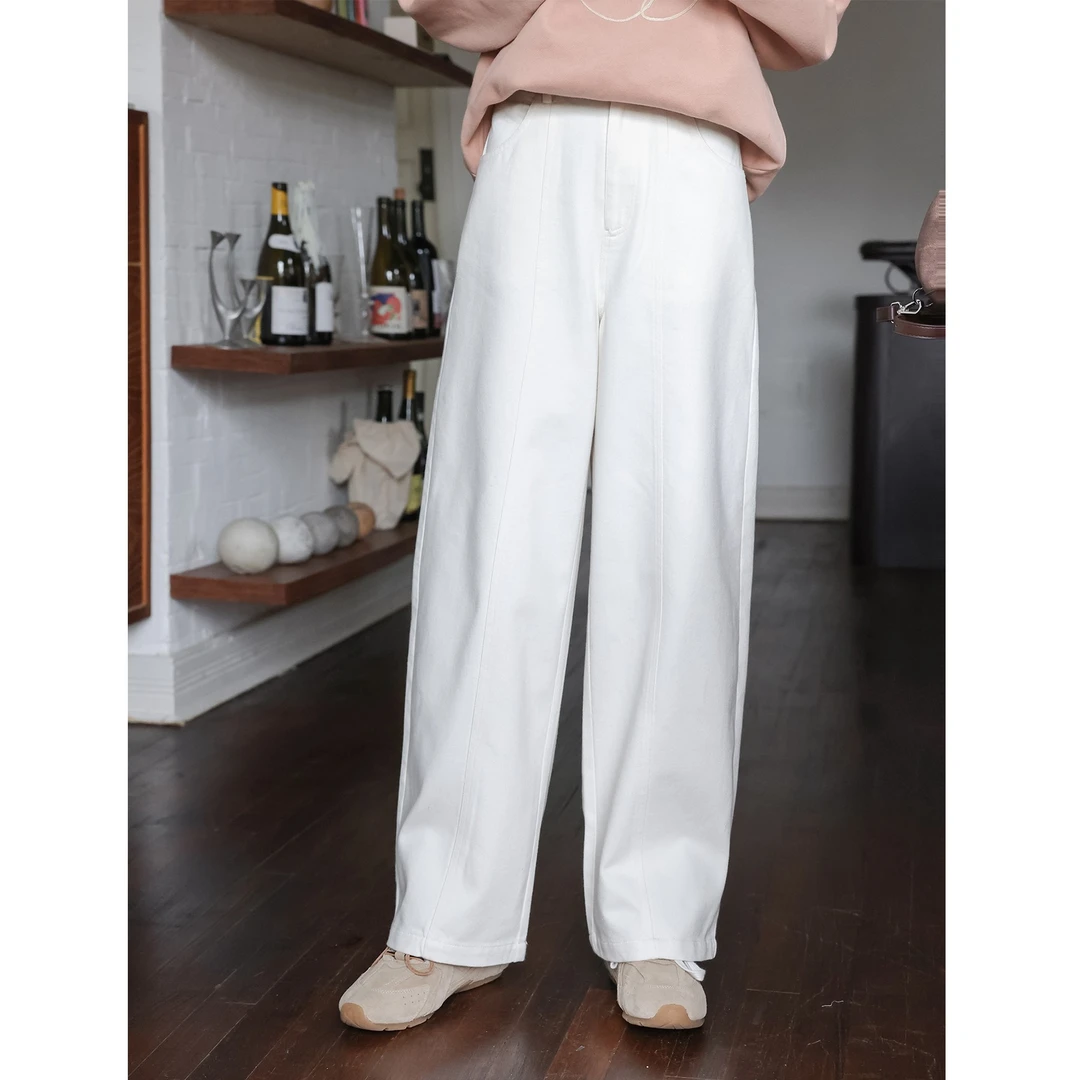 星月重奏/时髦弧型剪裁 加绒休闲裤女秋白色裤子2025新款阔腿裤冬