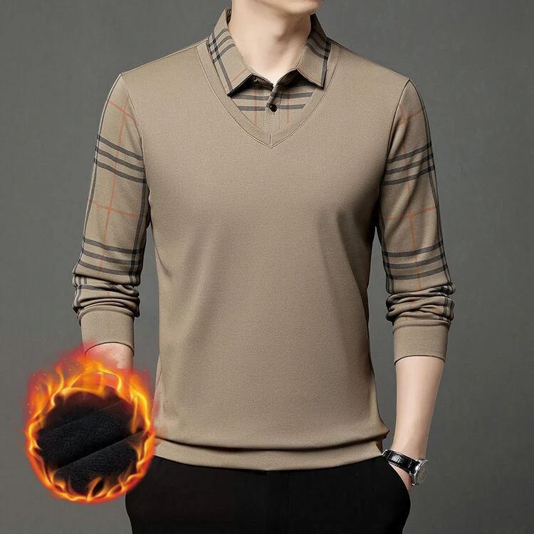 爸爸装假两件毛衣男士冬季加绒加厚打底衫男装中年衬衫领保暖上衣