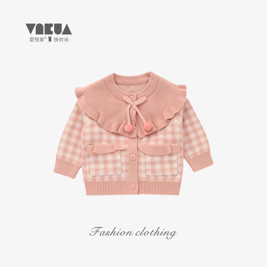 婴悦家春秋款女宝宝洋气甜美百搭格子开胸毛衣女童上衣 93060预售