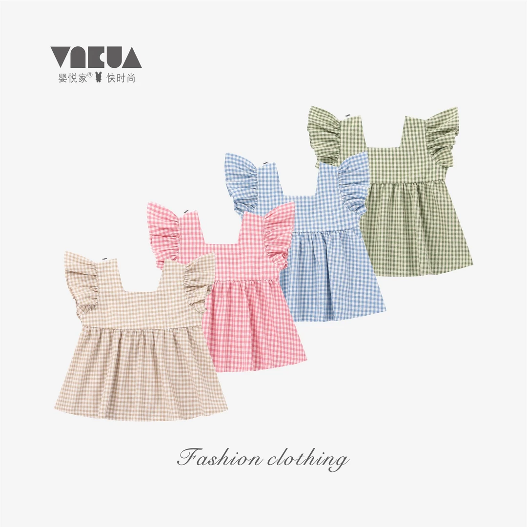 婴悦家夏季女童时尚洋气甜美格纹方领女宝宝小飞袖上衣 87253