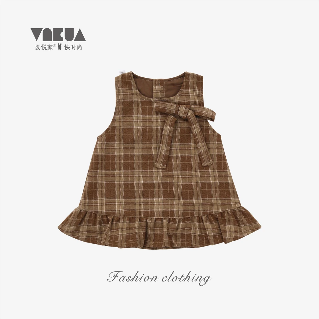 婴悦家女童宝宝时尚复古学院风格纹蝴蝶结背心连衣裙 87927