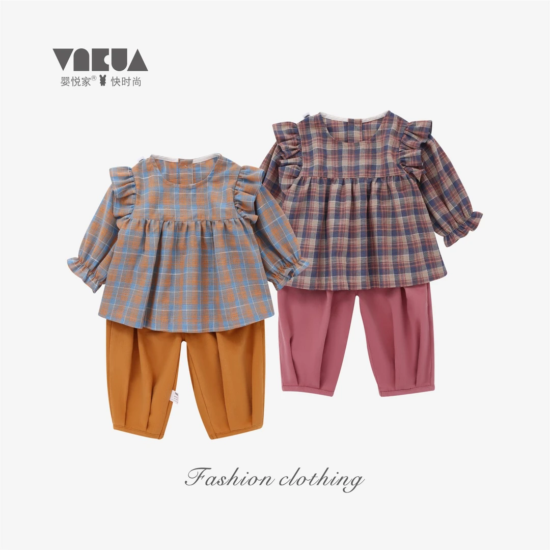 婴悦家春秋款女宝宝时尚洋气复古百搭格纹款女童套装 87830