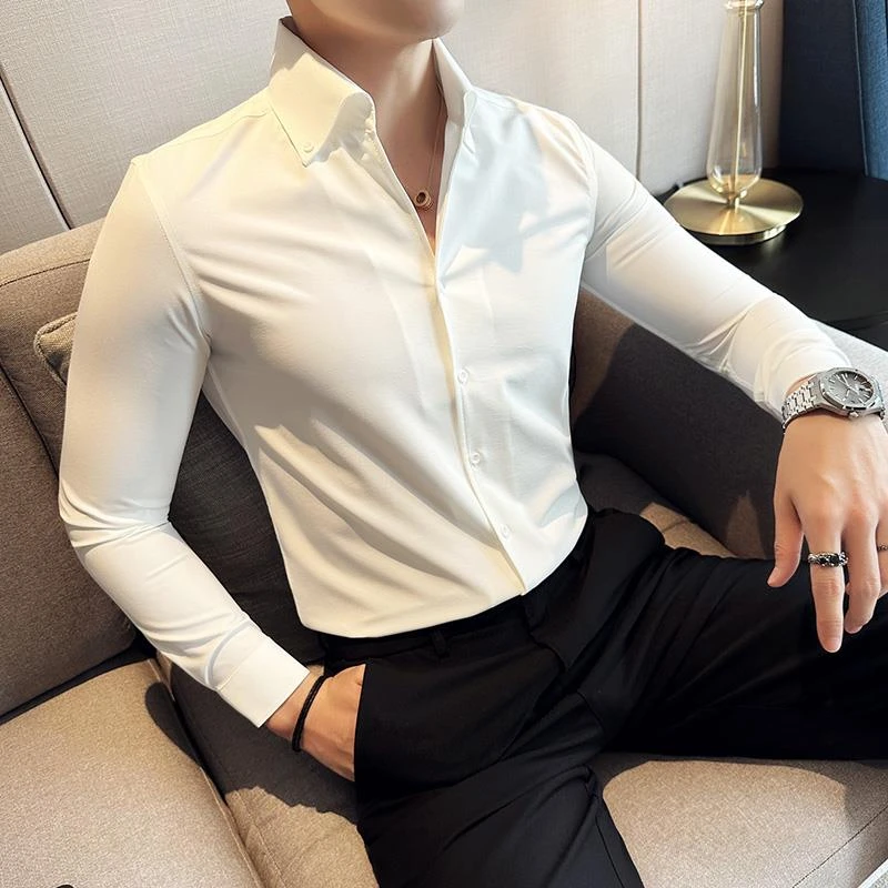 时尚一片领衬衫男士长袖弹力垂坠感男装痞帅高级感打底领衬衣潮