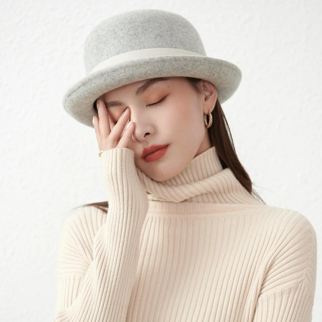 春帽子女卷边小檐羊毛呢礼帽欧美英伦时尚复古百搭休闲凹造型