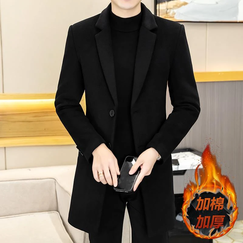 时尚百搭新款大衣男士韩版中长款风衣春季加厚百搭修身毛呢休x