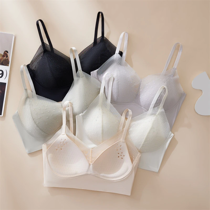 新款蕾丝美背薄款冰丝舒适无痕吊带背心透气固定杯罩一体女士内衣