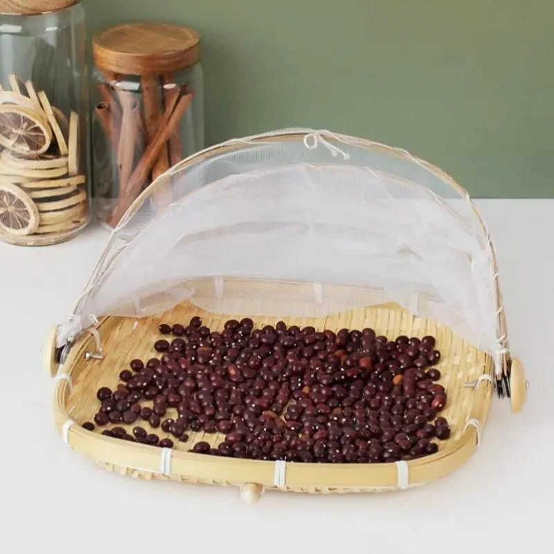 防苍蝇晾晒竹筛子带纱网罩簸箕家用防虫竹编制馒头筐竹篮子