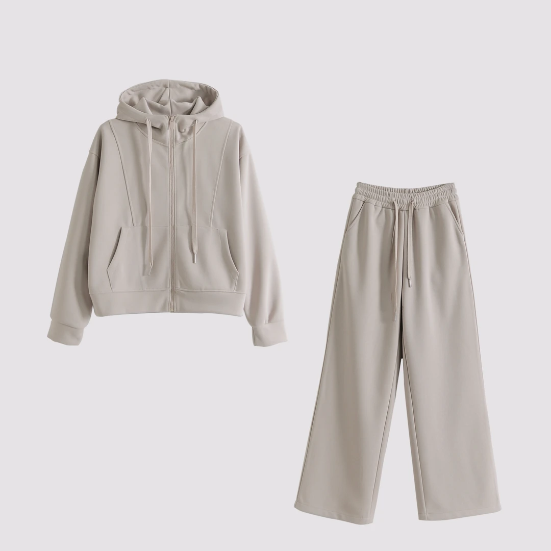 XH【运动套装】春季休闲女拉链连帽外套上衣阔腿裤两件套E-241029