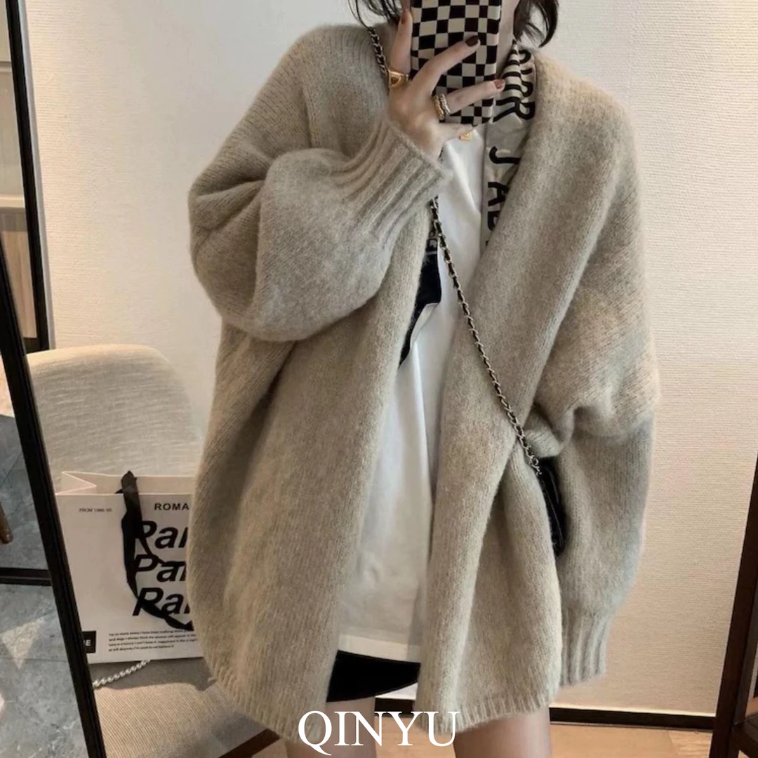 秋冬韩版纯色针织开衫 复古U领休闲慵懒风外穿毛衣外套1208#