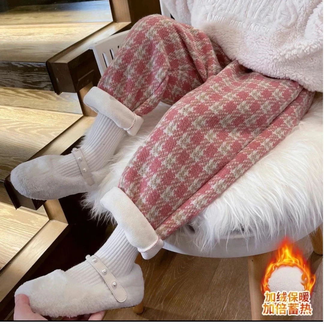 女童冬季加绒长裤新款女宝宝加厚一体绒格子裤保暖过冬