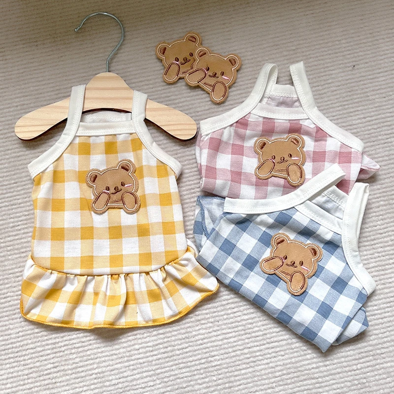 宠物衣服ins小熊花边格子背心狗狗猫咪春秋夏季泰迪比熊中小型犬