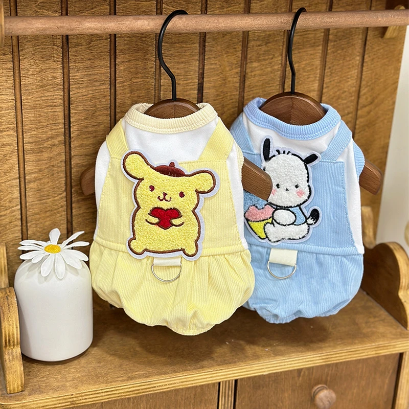 狗狗衣服新款德绒灯芯绒假两件可爱秋冬加厚带牵引扣小型犬服装