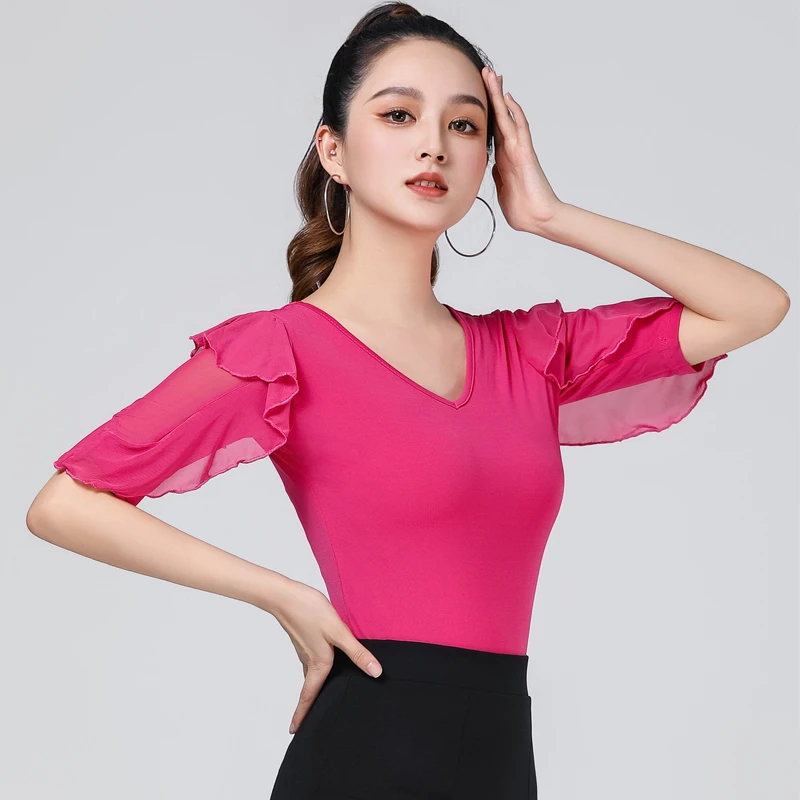 度露国标摩登舞服装漂亮洋气新款舞衣中袖跳舞上衣女拉丁舞练功服