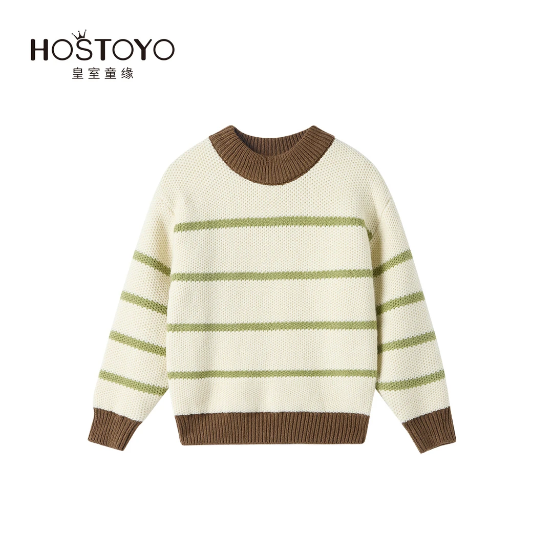 皇室童缘2024冬季新款男童简约绿条拼接毛衣16410230208