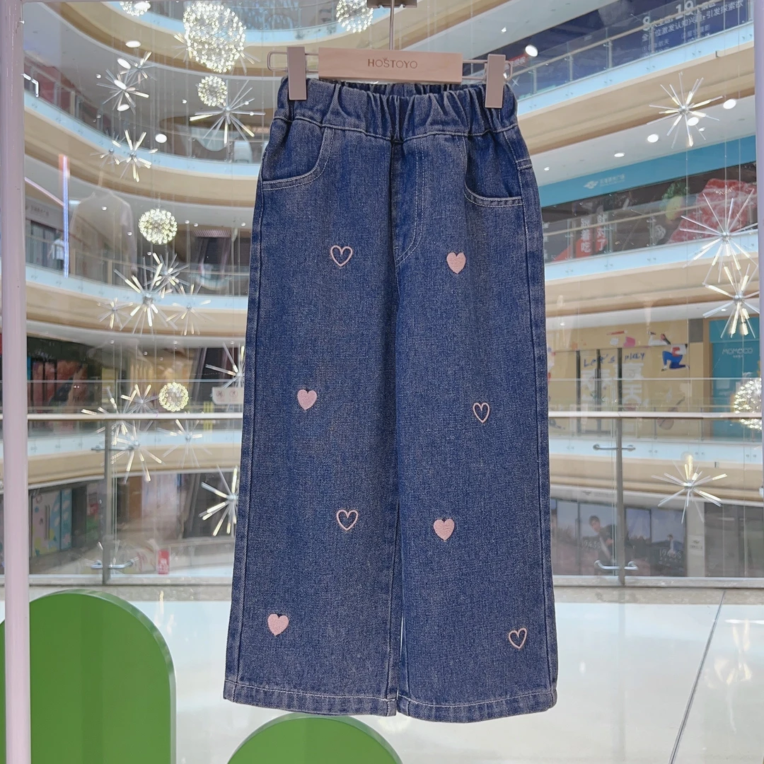 皇室童缘女童新款加绒直筒百搭爱心刺绣牛仔裤17830350034
