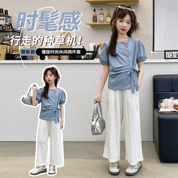 女童套装韩版新款儿童中大童休闲韩系圆领收腰衬衫夏季时尚直筒裤