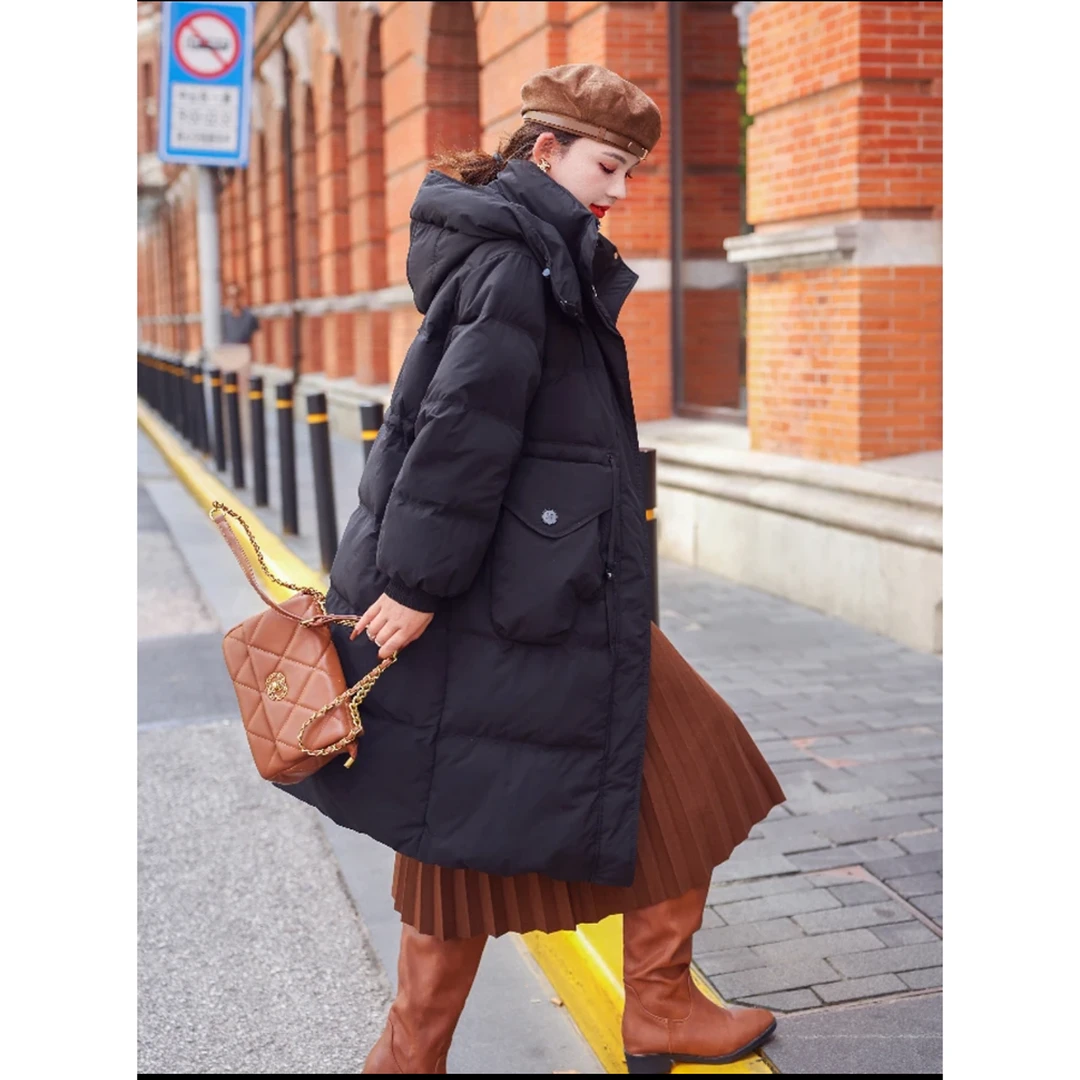 手套款冬季新款高端女中长款修身连帽羽绒服显瘦女士加厚保暖过膝