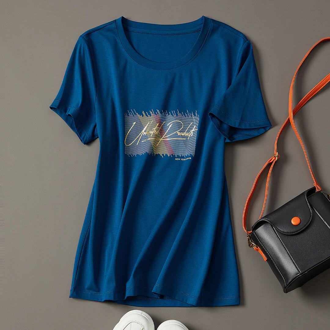 2024夏季新款洋气印花修身丝光棉t恤女短袖设计感小众孔雀兰上衣