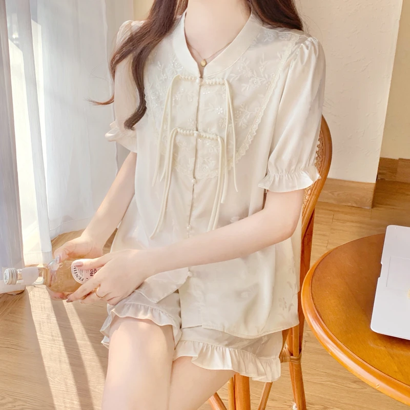 BIEN新中式睡衣女夏季2025新款冰丝家居服复古中国风中式短袖套装