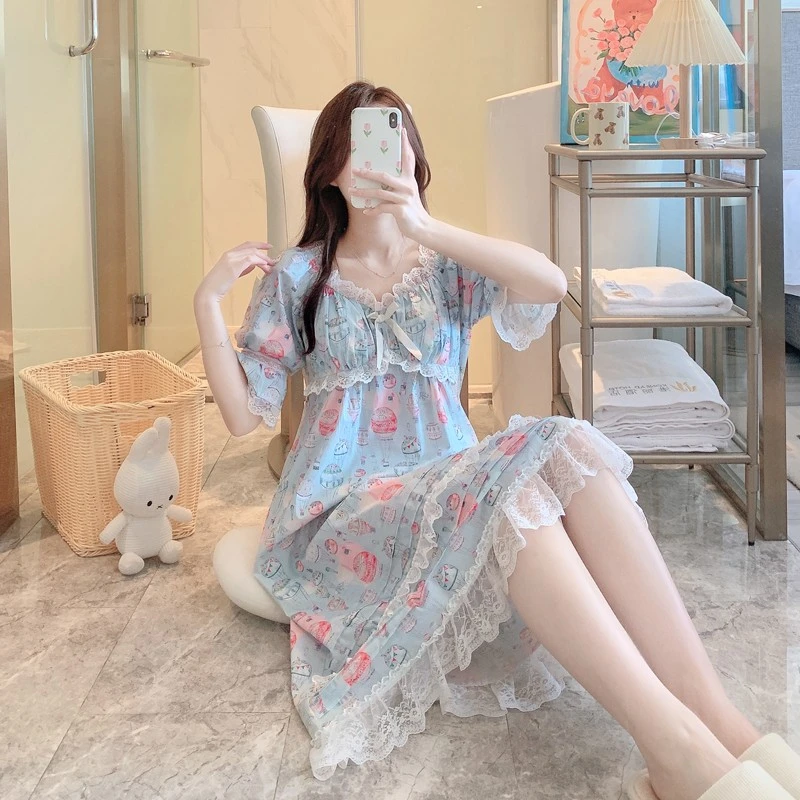 大码女夏季新款纯棉带胸垫甜美韩版可爱睡衣公主宫廷风家居服全棉