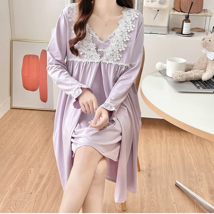 PRETTY GIRL纯棉睡裙女春秋季蕾丝甜美公主风吊带睡衣两件套睡袍