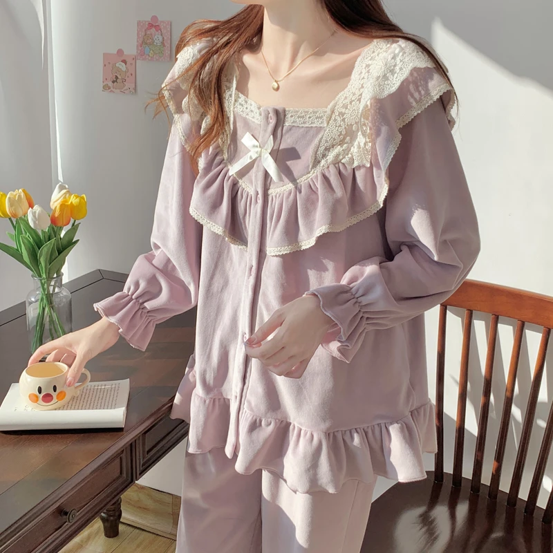 海岛绒宽松睡衣女秋冬季甜美可爱公主宫廷风韩版可外穿家居服紫色