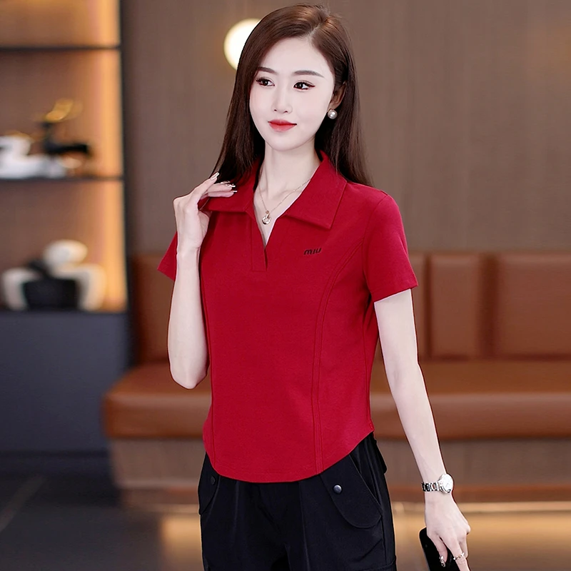 红色纯棉POLO领不规则短袖T恤女2024夏季新款修身显瘦洋气半袖T恤