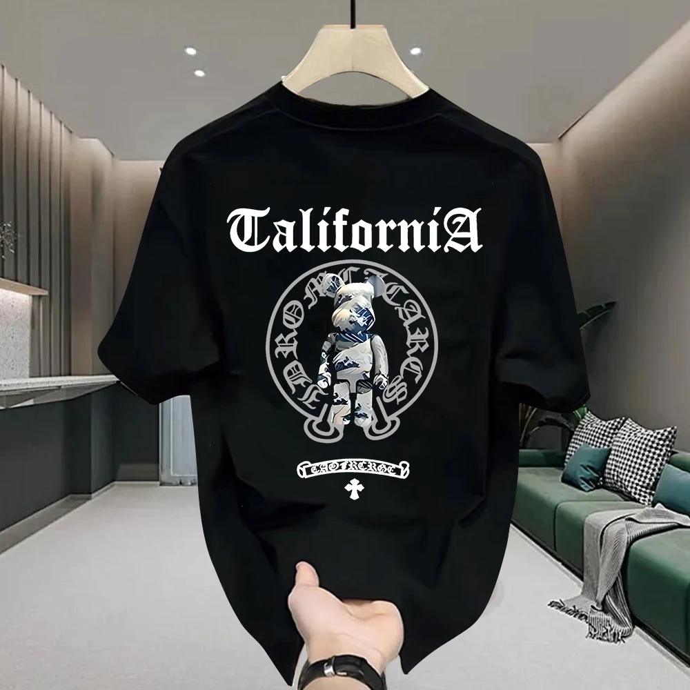 重磅潮流时尚款卡通熊纯棉短袖T恤黑白百搭上衣男士夏季休闲印花