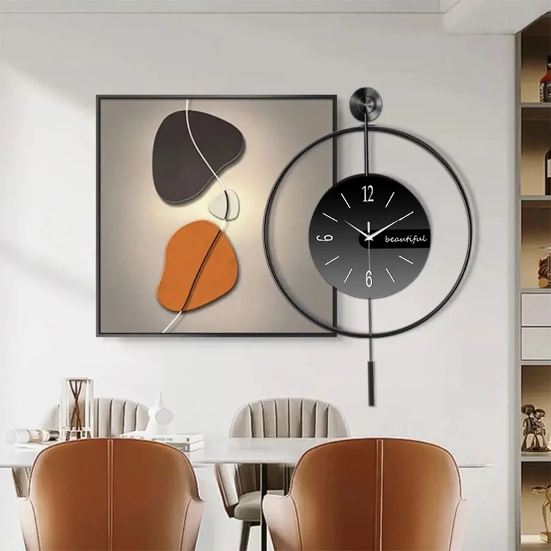 餐厅装饰画现代轻奢高档餐桌背景墙壁画时尚静音钟表画饭厅墙挂画