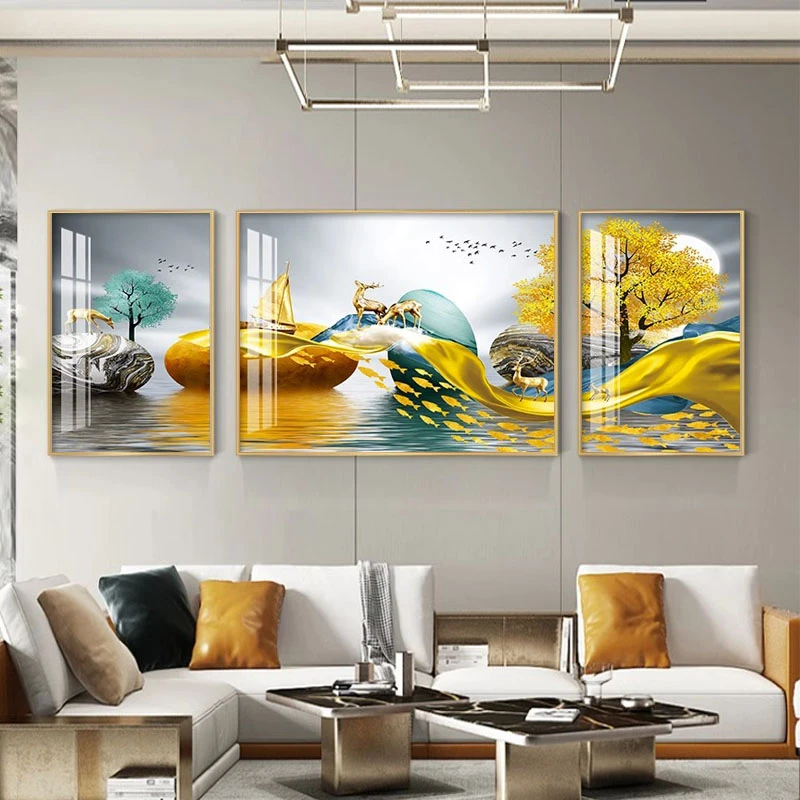 轻奢客厅装饰画沙发背景墙壁画现代简约大气三联画餐厅挂画晶瓷画