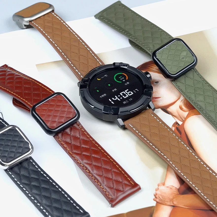 适用华为表带GT4GT3GT2菱形纹watch4pro磁吸扣新款真皮表带男女款