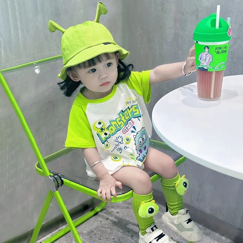 夏季新款0-3岁婴幼儿宝宝可爱小怪兽印花短袖哈衣男女宝宝连体衣