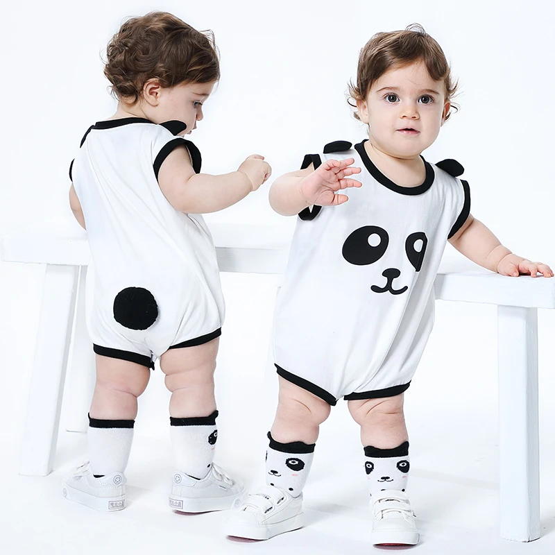 奇乐兔原创设计夏季新款0-3岁宝宝卡通连体衣熊笑脸无袖三角哈