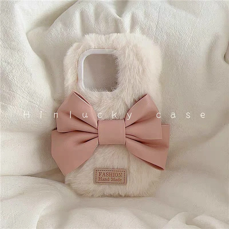 甜美毛绒立体蝴蝶结iphone16promax适用苹果15手机壳14秋冬13日韩