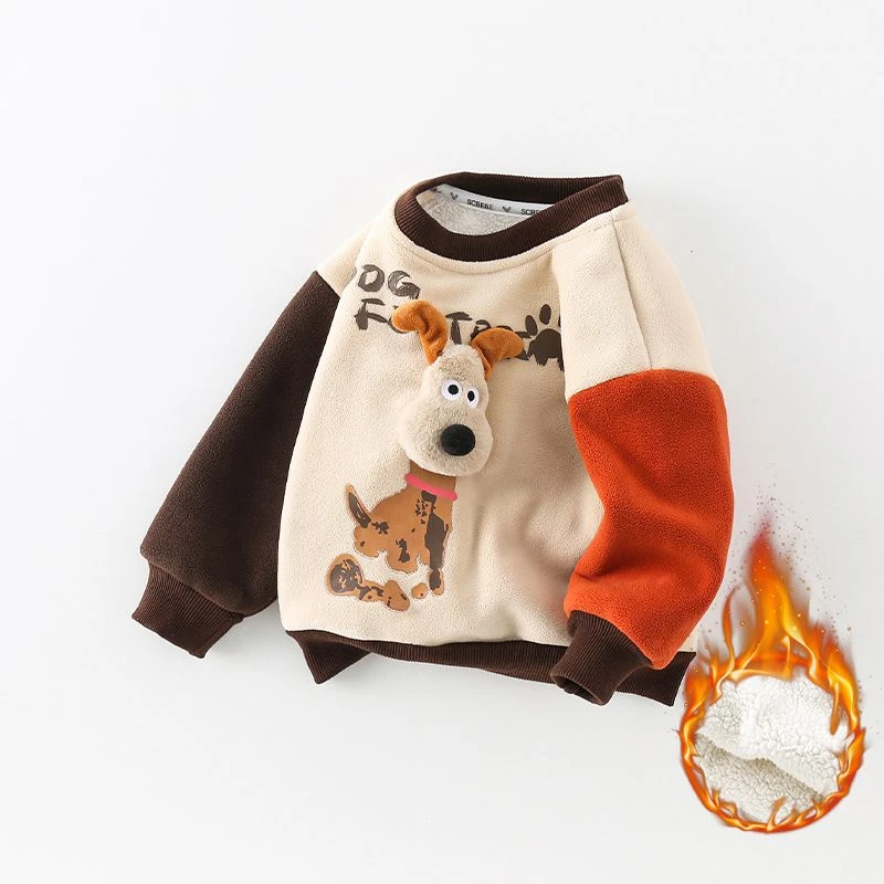 儿童加绒款卫衣可爱时髦上衣2023秋冬季男女童加绒厚长袖卡通打底